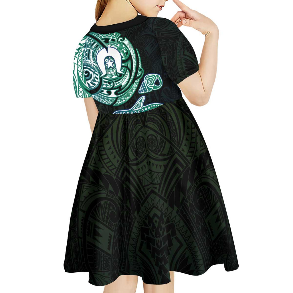 Whale and Dhari Torres Strait Islands Kid Short Sleeve Dress Deep Green Oceanic Tribal Pattern Art