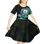 Whale and Dhari Torres Strait Islands Kid Short Sleeve Dress Deep Green Oceanic Tribal Pattern Art