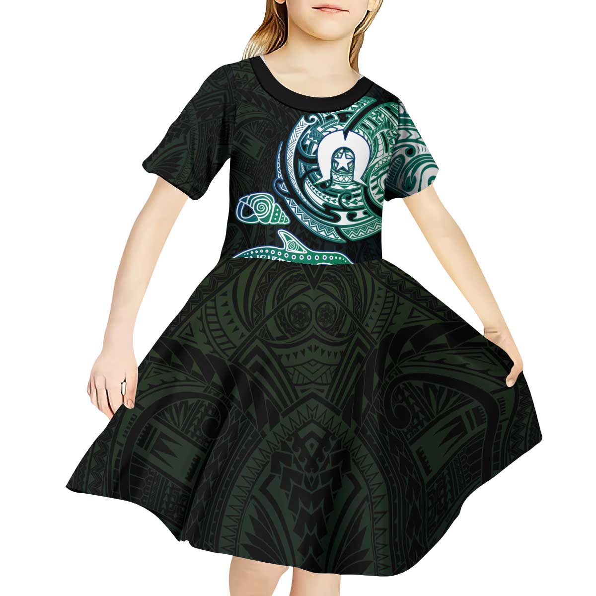 Whale and Dhari Torres Strait Islands Kid Short Sleeve Dress Deep Green Oceanic Tribal Pattern Art