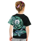Whale and Dhari Torres Strait Islands Kid T Shirt Deep Green Oceanic Tribal Pattern Art