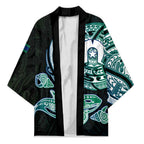 Whale and Dhari Torres Strait Islands Kimono Deep Green Oceanic Tribal Pattern Art