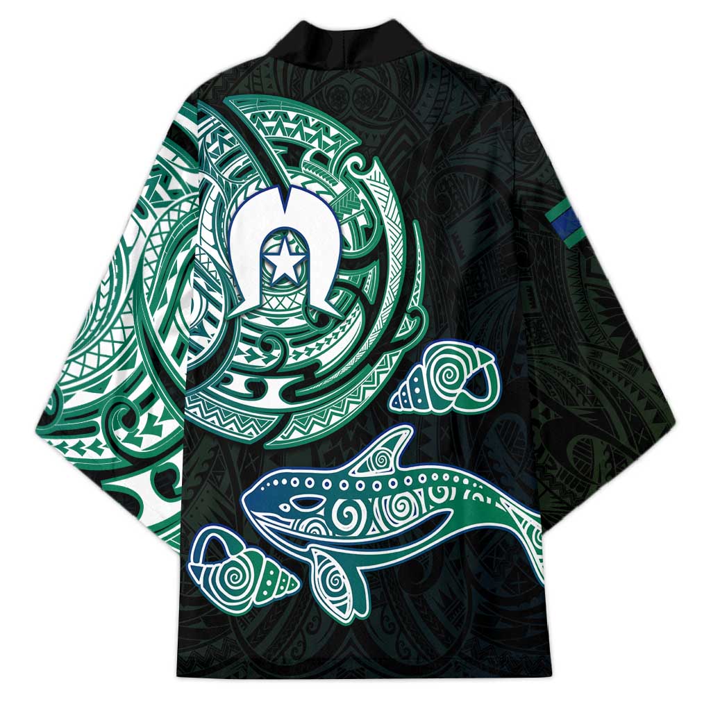 Whale and Dhari Torres Strait Islands Kimono Deep Green Oceanic Tribal Pattern Art