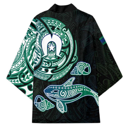 Whale and Dhari Torres Strait Islands Kimono Deep Green Oceanic Tribal Pattern Art
