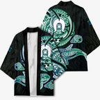 Whale and Dhari Torres Strait Islands Kimono Deep Green Oceanic Tribal Pattern Art