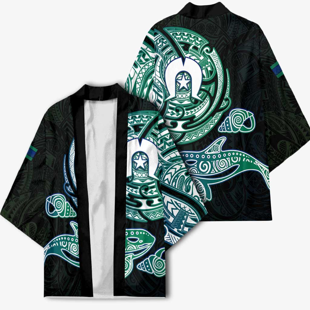 Whale and Dhari Torres Strait Islands Kimono Deep Green Oceanic Tribal Pattern Art