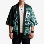 Whale and Dhari Torres Strait Islands Kimono Deep Green Oceanic Tribal Pattern Art