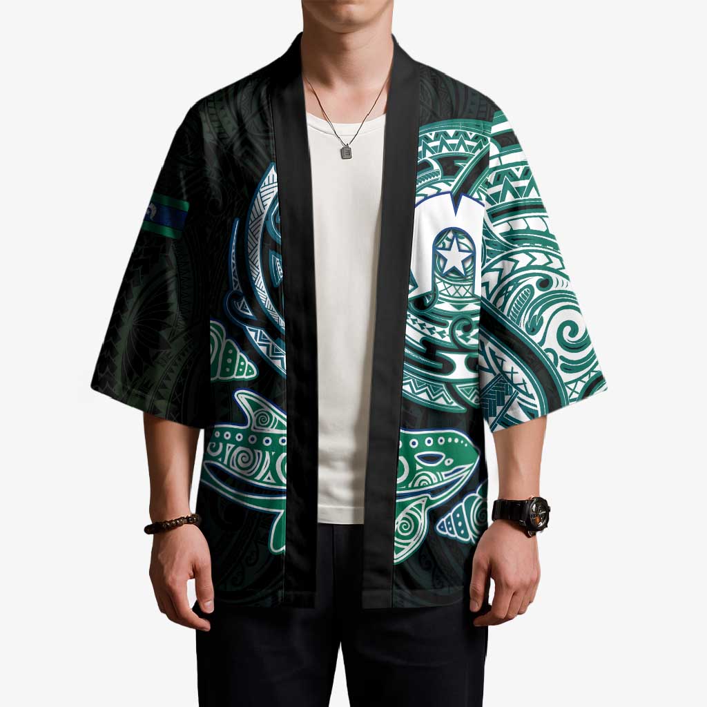 Whale and Dhari Torres Strait Islands Kimono Deep Green Oceanic Tribal Pattern Art