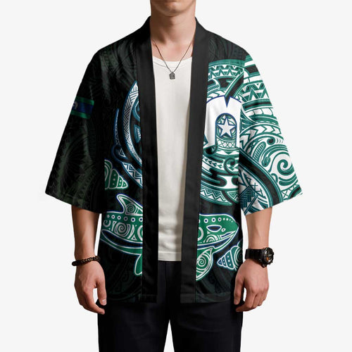 Whale and Dhari Torres Strait Islands Kimono Deep Green Oceanic Tribal Pattern Art