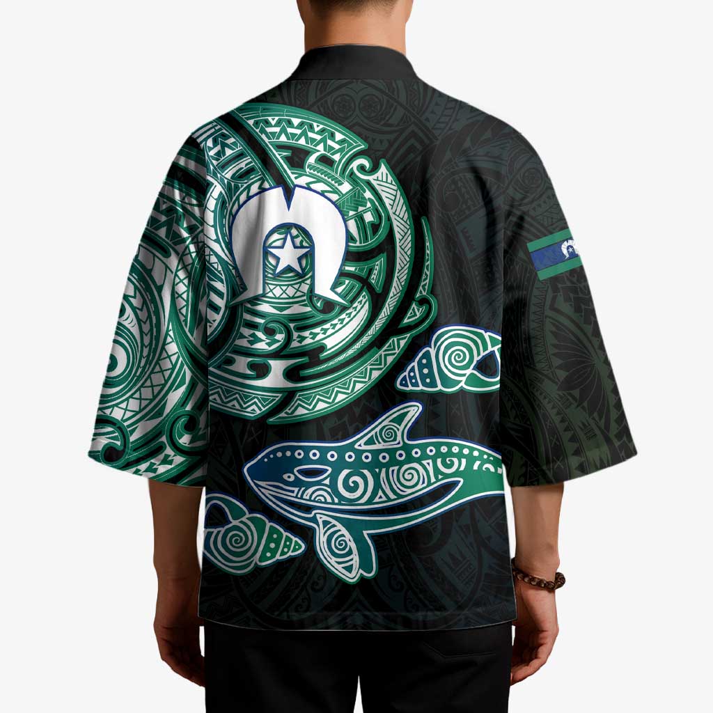 Whale and Dhari Torres Strait Islands Kimono Deep Green Oceanic Tribal Pattern Art