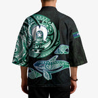 Whale and Dhari Torres Strait Islands Kimono Deep Green Oceanic Tribal Pattern Art