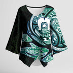 Whale and Dhari Torres Strait Islands Kimono Sleeve Blouse Deep Green Oceanic Tribal Pattern Art