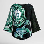 Whale and Dhari Torres Strait Islands Kimono Sleeve Blouse Deep Green Oceanic Tribal Pattern Art