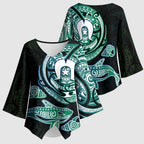 Whale and Dhari Torres Strait Islands Kimono Sleeve Blouse Deep Green Oceanic Tribal Pattern Art