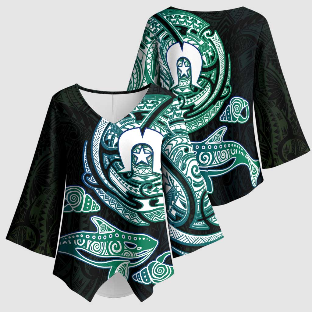Whale and Dhari Torres Strait Islands Kimono Sleeve Blouse Deep Green Oceanic Tribal Pattern Art