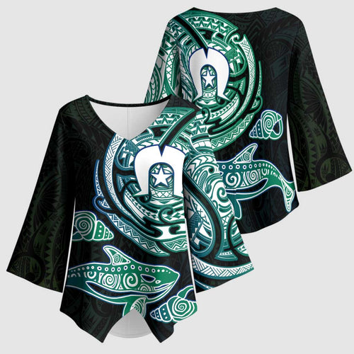 Whale and Dhari Torres Strait Islands Kimono Sleeve Blouse Deep Green Oceanic Tribal Pattern Art