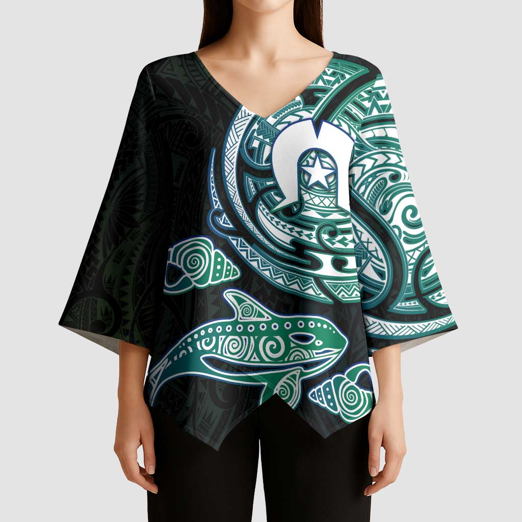 Whale and Dhari Torres Strait Islands Kimono Sleeve Blouse Deep Green Oceanic Tribal Pattern Art