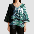 Whale and Dhari Torres Strait Islands Kimono Sleeve Blouse Deep Green Oceanic Tribal Pattern Art