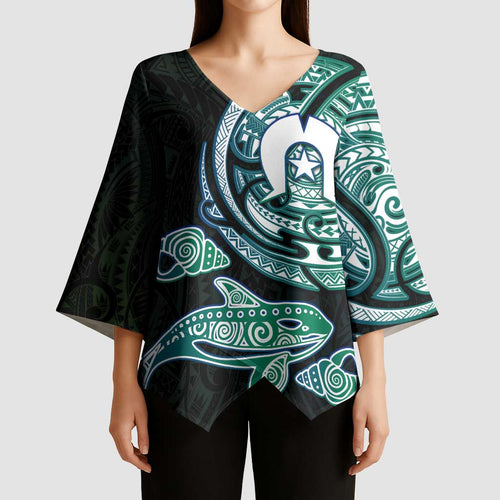 Whale and Dhari Torres Strait Islands Kimono Sleeve Blouse Deep Green Oceanic Tribal Pattern Art