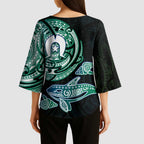 Whale and Dhari Torres Strait Islands Kimono Sleeve Blouse Deep Green Oceanic Tribal Pattern Art