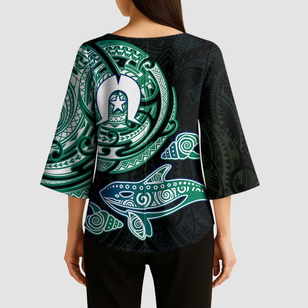 Whale and Dhari Torres Strait Islands Kimono Sleeve Blouse Deep Green Oceanic Tribal Pattern Art