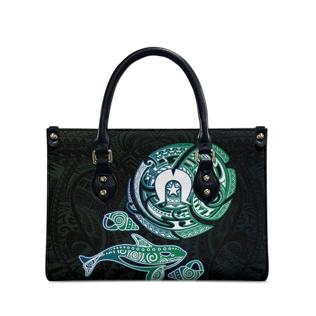 Whale and Dhari Torres Strait Islands Leather Bag Deep Green Oceanic Tribal Pattern Art