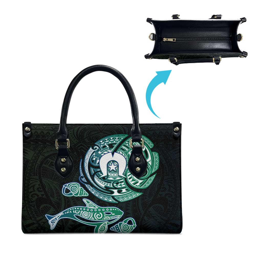 Whale and Dhari Torres Strait Islands Leather Bag Deep Green Oceanic Tribal Pattern Art
