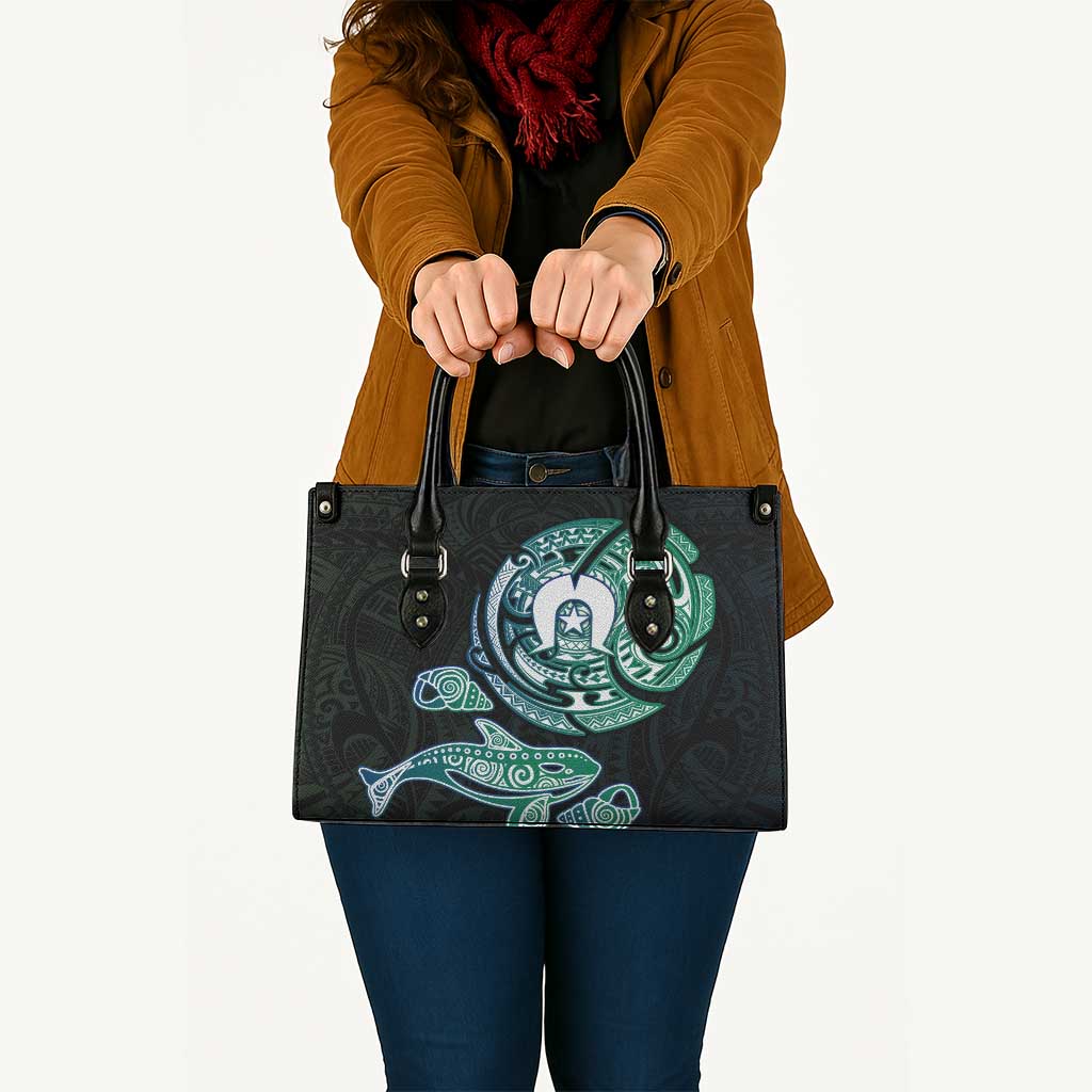 Whale and Dhari Torres Strait Islands Leather Bag Deep Green Oceanic Tribal Pattern Art