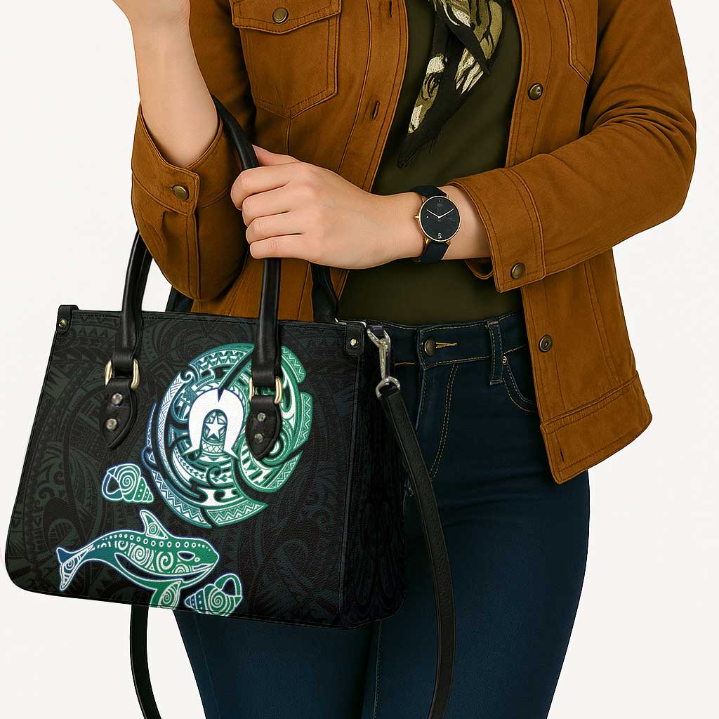 Whale and Dhari Torres Strait Islands Leather Bag Deep Green Oceanic Tribal Pattern Art