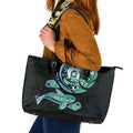 Whale and Dhari Torres Strait Islands Leather Tote Bag Deep Green Oceanic Tribal Pattern Art