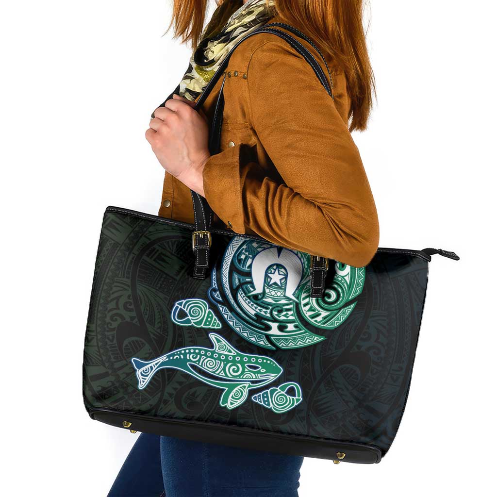 Whale and Dhari Torres Strait Islands Leather Tote Bag Deep Green Oceanic Tribal Pattern Art