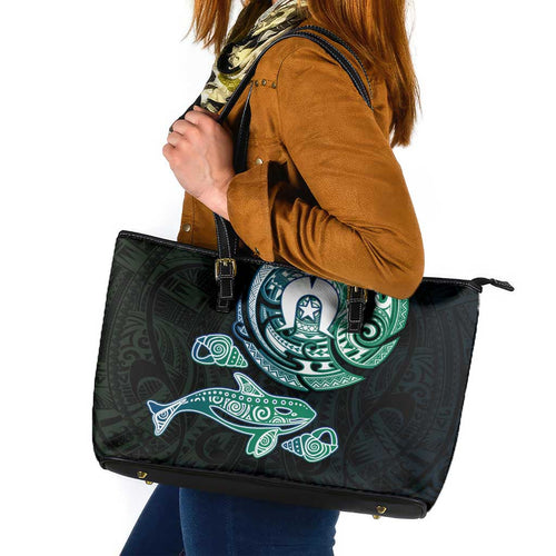 Whale and Dhari Torres Strait Islands Leather Tote Bag Deep Green Oceanic Tribal Pattern Art
