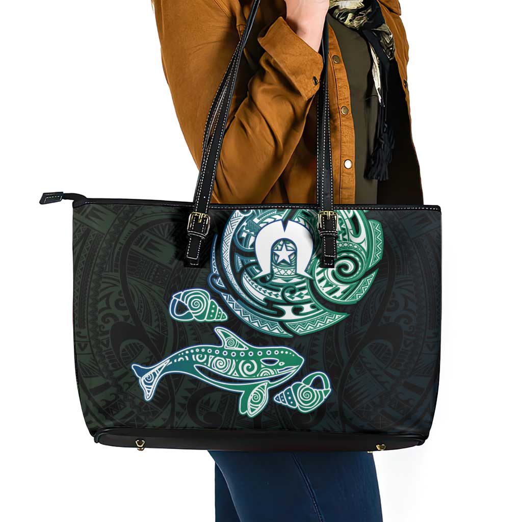 Whale and Dhari Torres Strait Islands Leather Tote Bag Deep Green Oceanic Tribal Pattern Art
