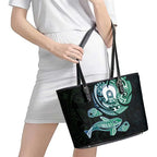 Whale and Dhari Torres Strait Islands Leather Tote Bag Deep Green Oceanic Tribal Pattern Art