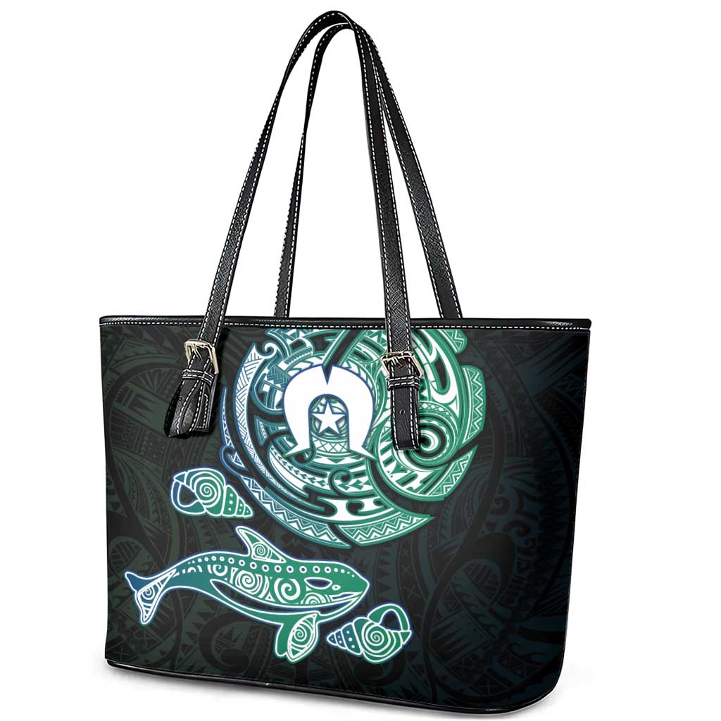 Whale and Dhari Torres Strait Islands Leather Tote Bag Deep Green Oceanic Tribal Pattern Art