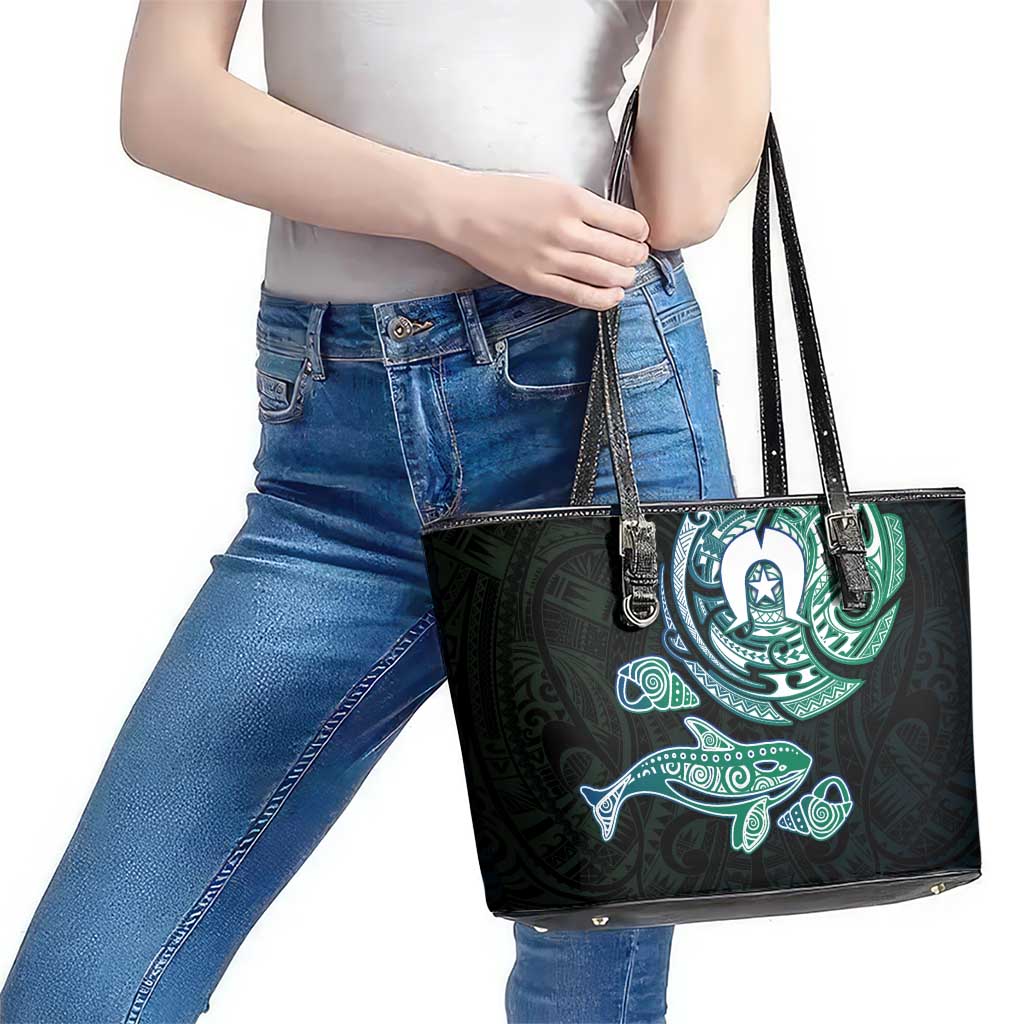Whale and Dhari Torres Strait Islands Leather Tote Bag Deep Green Oceanic Tribal Pattern Art