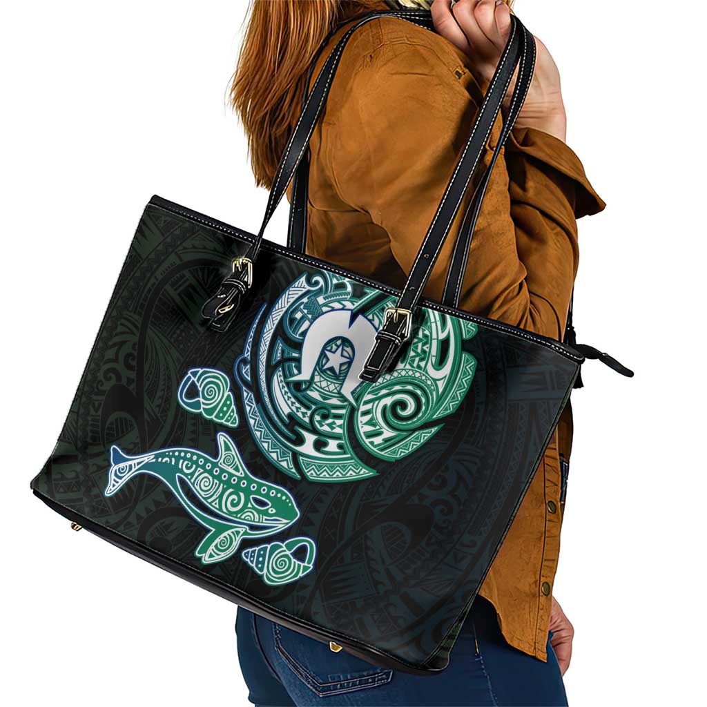 Whale and Dhari Torres Strait Islands Leather Tote Bag Deep Green Oceanic Tribal Pattern Art