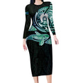 Whale and Dhari Torres Strait Islands Long Sleeve Bodycon Dress Deep Green Oceanic Tribal Pattern Art