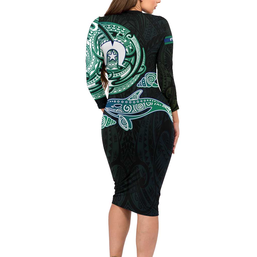 Whale and Dhari Torres Strait Islands Long Sleeve Bodycon Dress Deep Green Oceanic Tribal Pattern Art