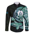 Whale and Dhari Torres Strait Islands Long Sleeve Button Shirt Deep Green Oceanic Tribal Pattern Art