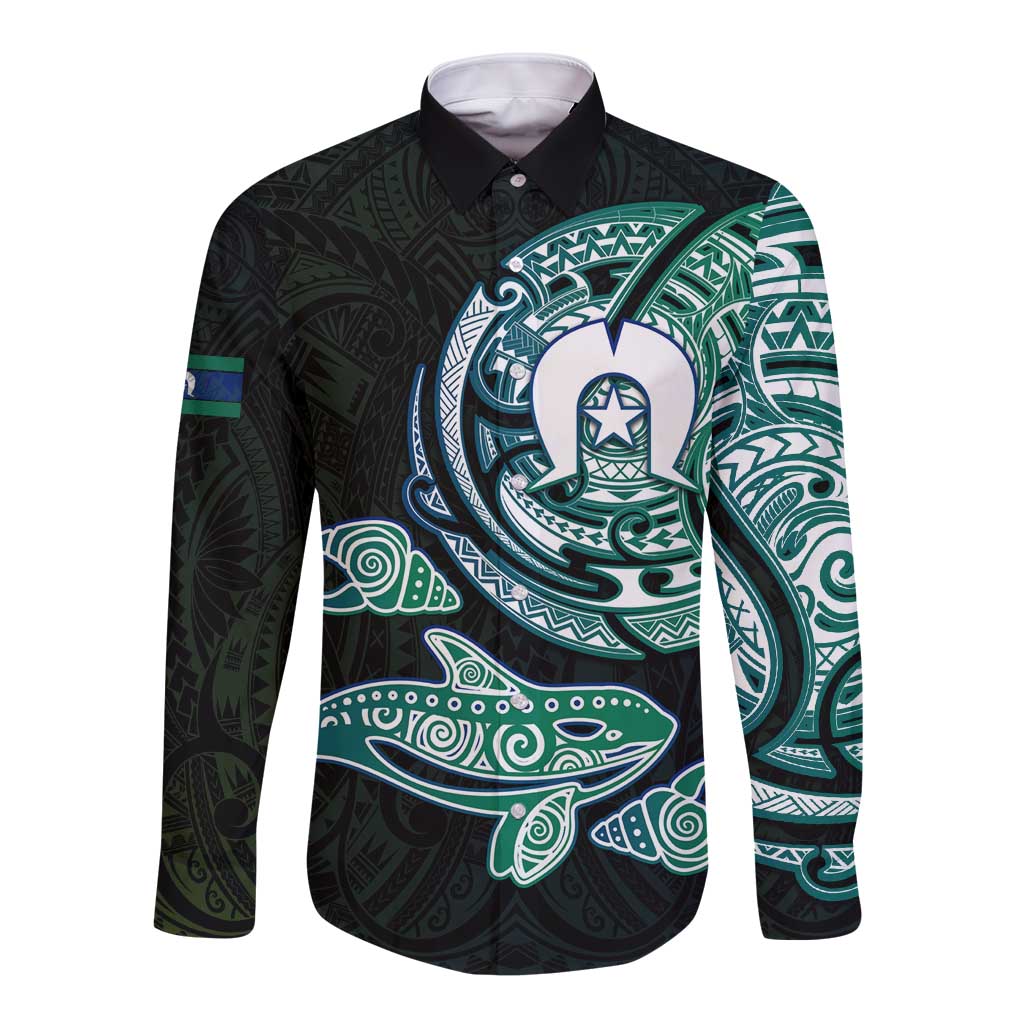 Whale and Dhari Torres Strait Islands Long Sleeve Button Shirt Deep Green Oceanic Tribal Pattern Art