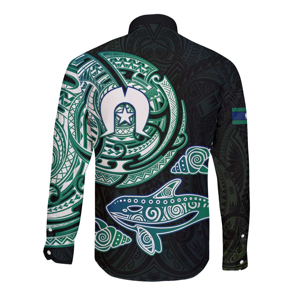 Whale and Dhari Torres Strait Islands Long Sleeve Button Shirt Deep Green Oceanic Tribal Pattern Art