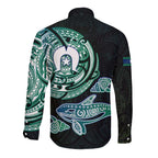 Whale and Dhari Torres Strait Islands Long Sleeve Button Shirt Deep Green Oceanic Tribal Pattern Art