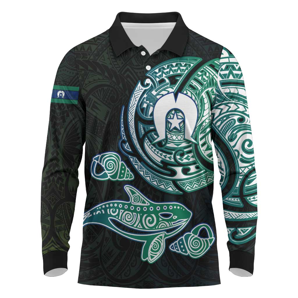 Whale and Dhari Torres Strait Islands Long Sleeve Polo Shirt Deep Green Oceanic Tribal Pattern Art