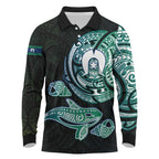 Whale and Dhari Torres Strait Islands Long Sleeve Polo Shirt Deep Green Oceanic Tribal Pattern Art