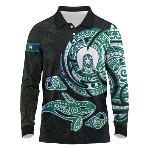 Whale and Dhari Torres Strait Islands Long Sleeve Polo Shirt Deep Green Oceanic Tribal Pattern Art