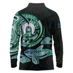Whale and Dhari Torres Strait Islands Long Sleeve Polo Shirt Deep Green Oceanic Tribal Pattern Art