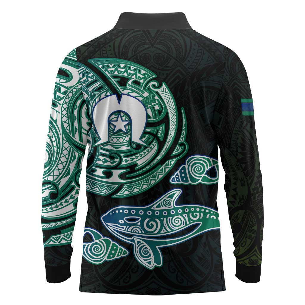 Whale and Dhari Torres Strait Islands Long Sleeve Polo Shirt Deep Green Oceanic Tribal Pattern Art