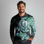 Whale and Dhari Torres Strait Islands Long Sleeve Polo Shirt Deep Green Oceanic Tribal Pattern Art