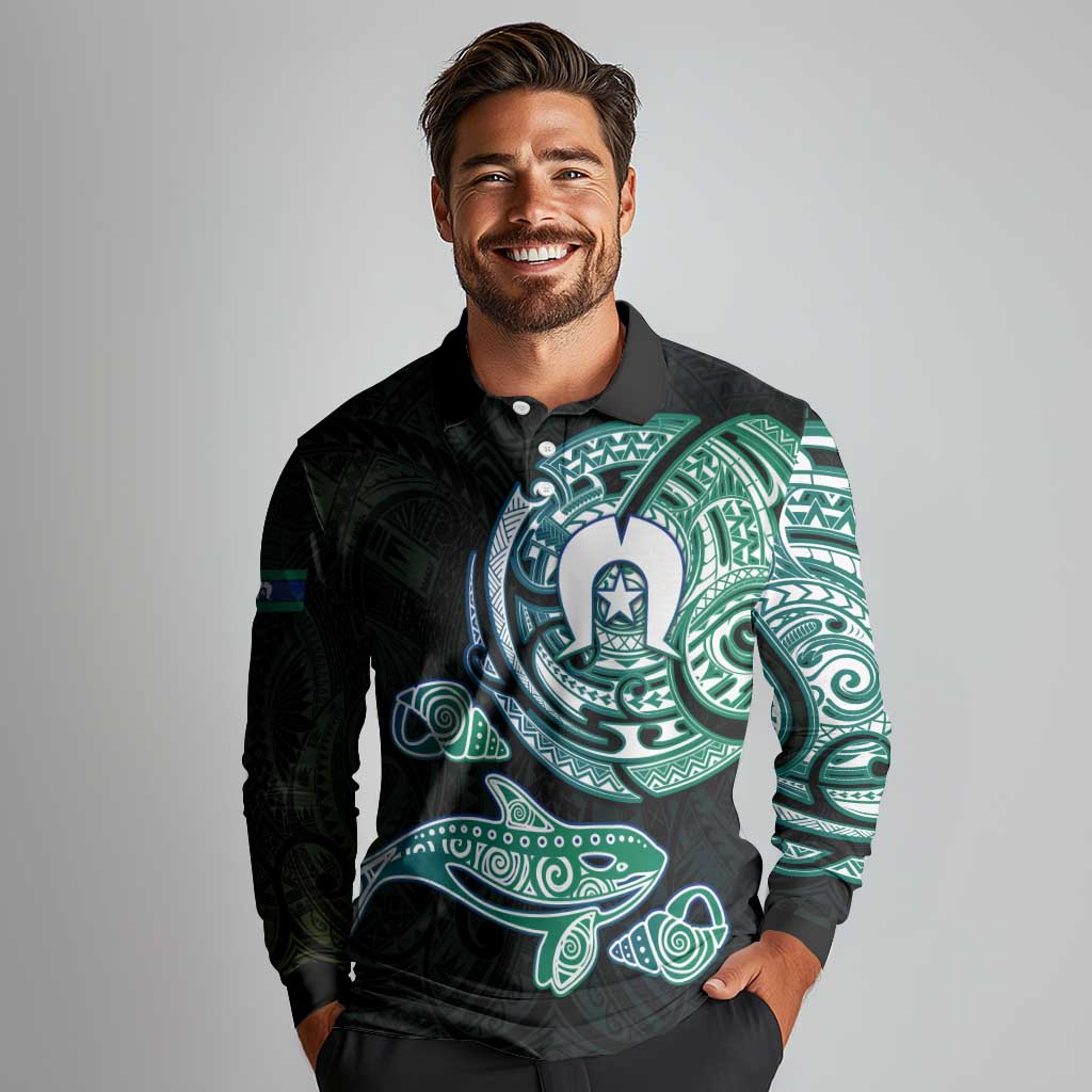 Whale and Dhari Torres Strait Islands Long Sleeve Polo Shirt Deep Green Oceanic Tribal Pattern Art