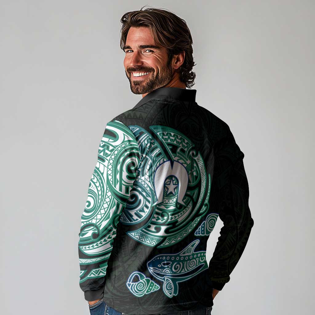 Whale and Dhari Torres Strait Islands Long Sleeve Polo Shirt Deep Green Oceanic Tribal Pattern Art
